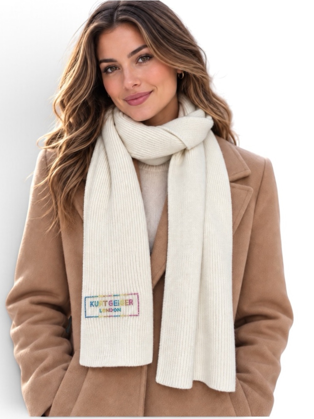 Kurt Geiger London Ivory Rib Knit Multi Colored Rainbow Crystal Logo Scarf NWOT